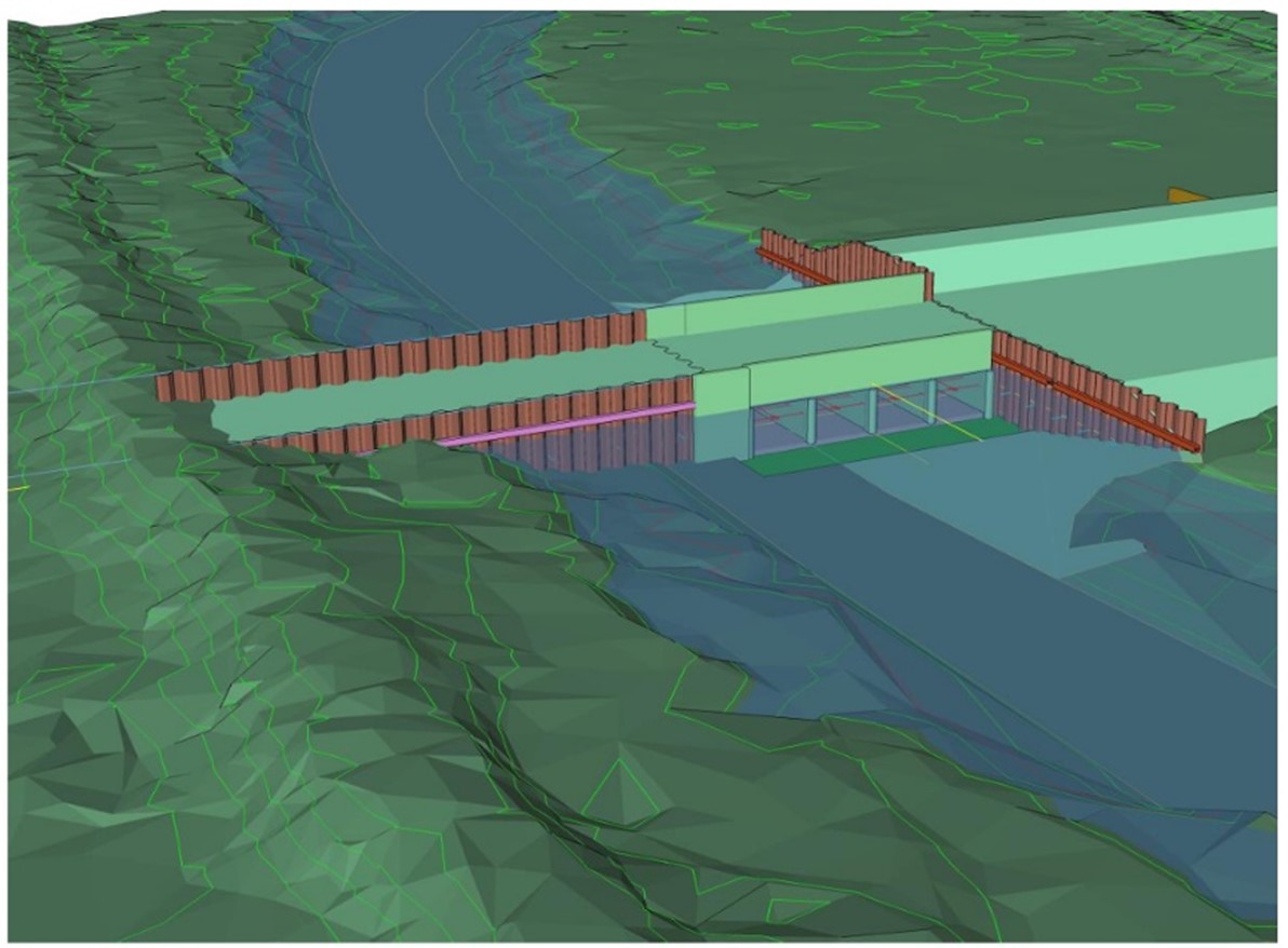 A graphic concept image showing a floodgate submerged in river.